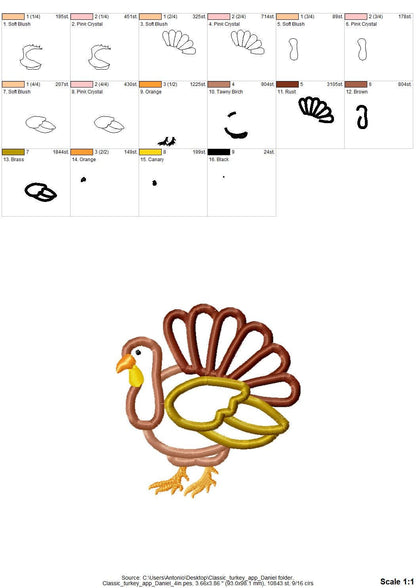 Fall Turkey Daniel Applique machine embroidery designs many sizes 4 up to 8 inch sweet home farm bird Gobble kitchen towel embroidery