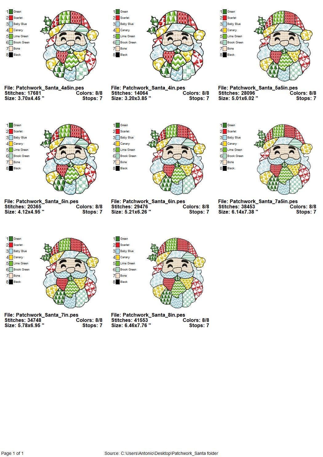 Patchwork Santa Christmas patterned Santa outline machine embroidery designs many sizes 4 up to 8 inch awesome folk Christmas farm design