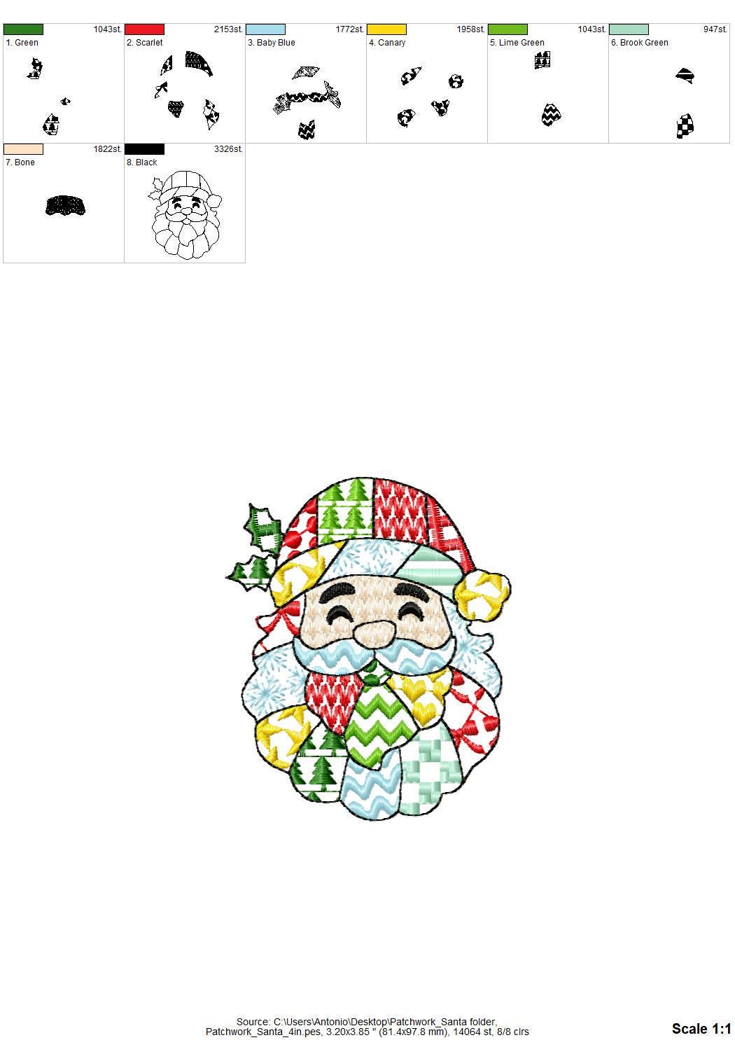 Patchwork Santa Christmas patterned Santa outline machine embroidery designs many sizes 4 up to 8 inch awesome folk Christmas farm design