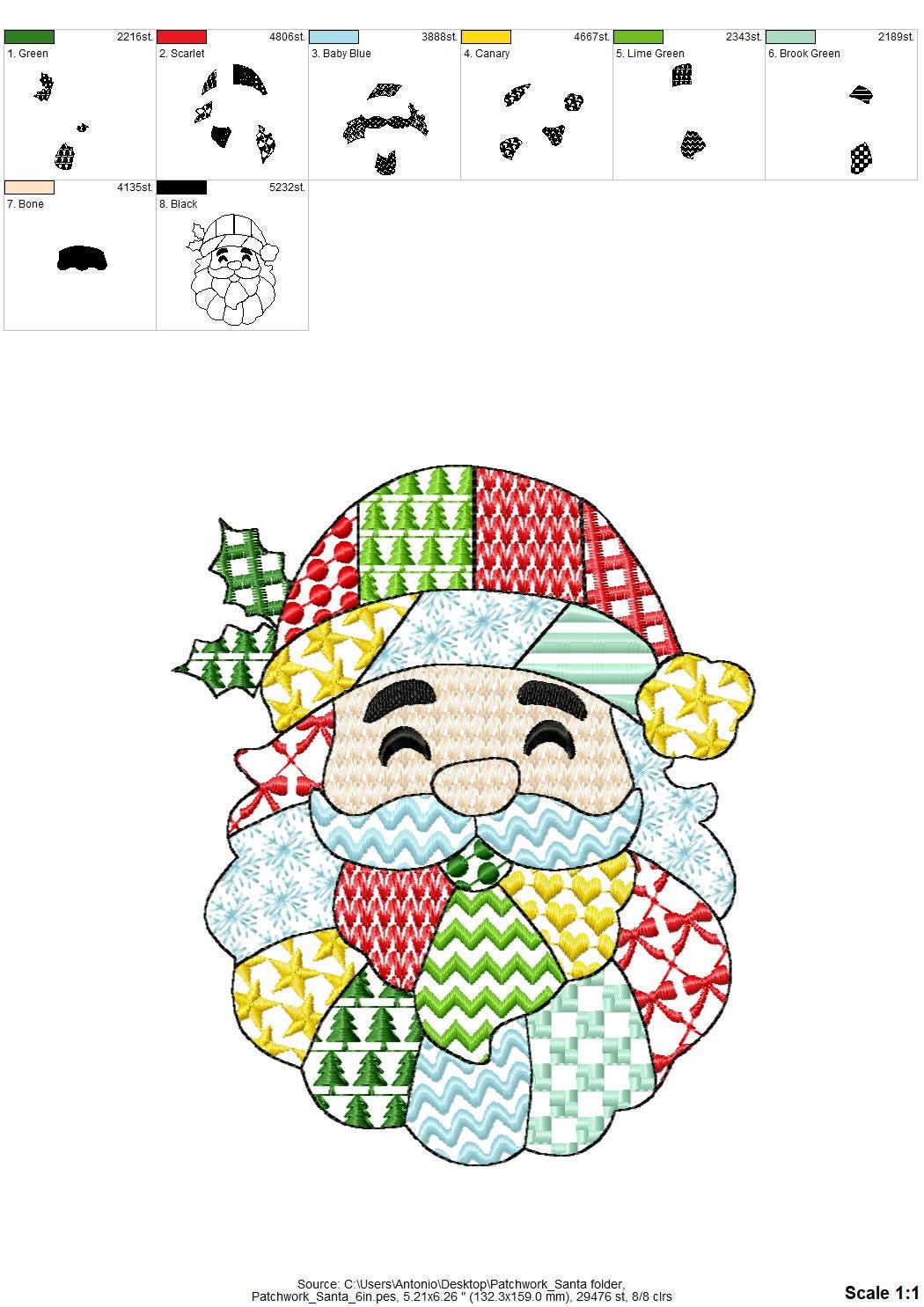 Patchwork Santa Christmas patterned Santa outline machine embroidery designs many sizes 4 up to 8 inch awesome folk Christmas farm design