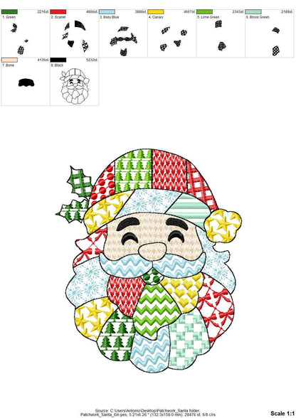 Patchwork Santa Christmas patterned Santa outline machine embroidery designs many sizes 4 up to 8 inch awesome folk Christmas farm design