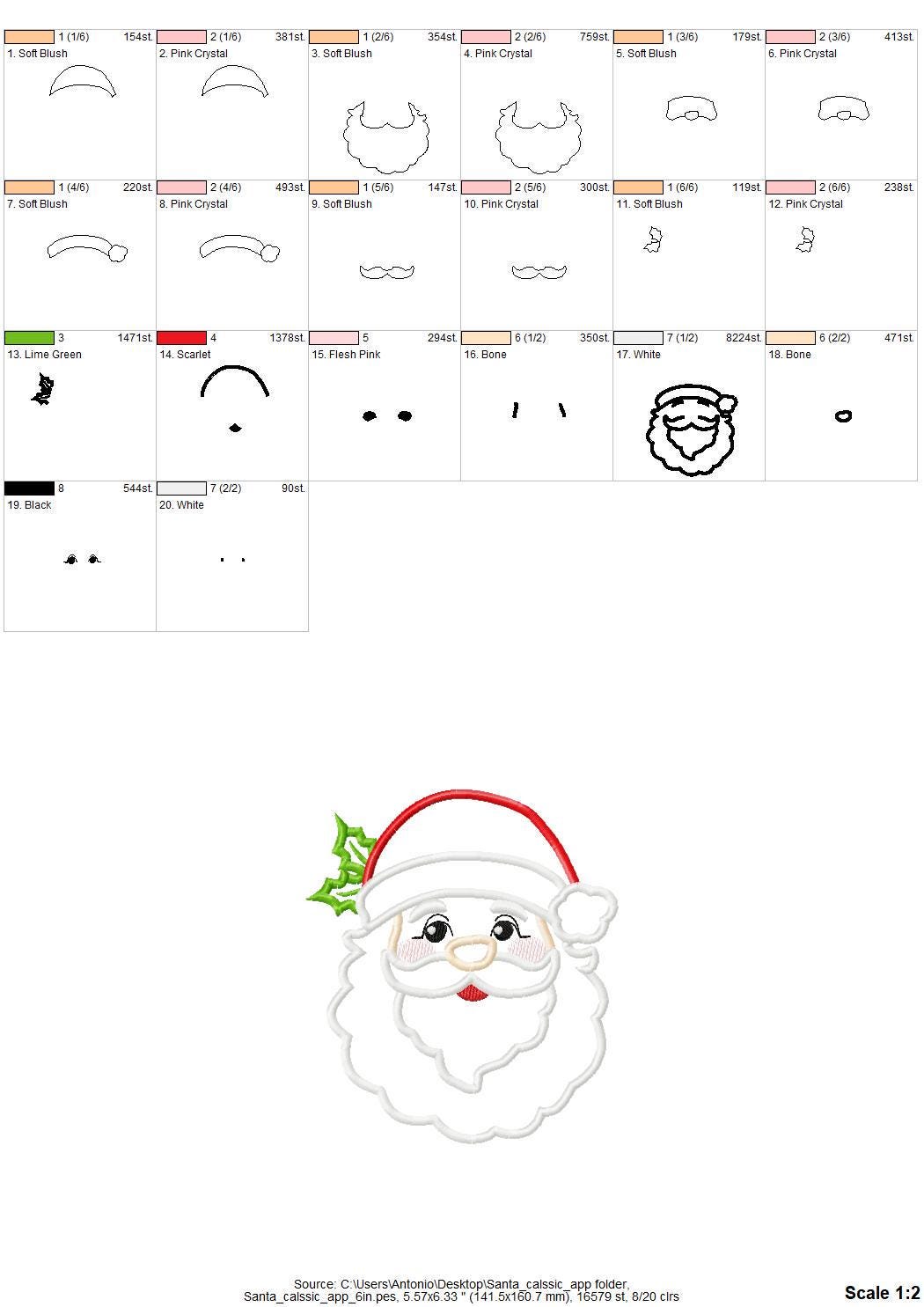 Classic Santa Claus face Christmas Santa Hat Applique machine embroidery designs many sizes from 4 to 8 inch kids baby outfit design