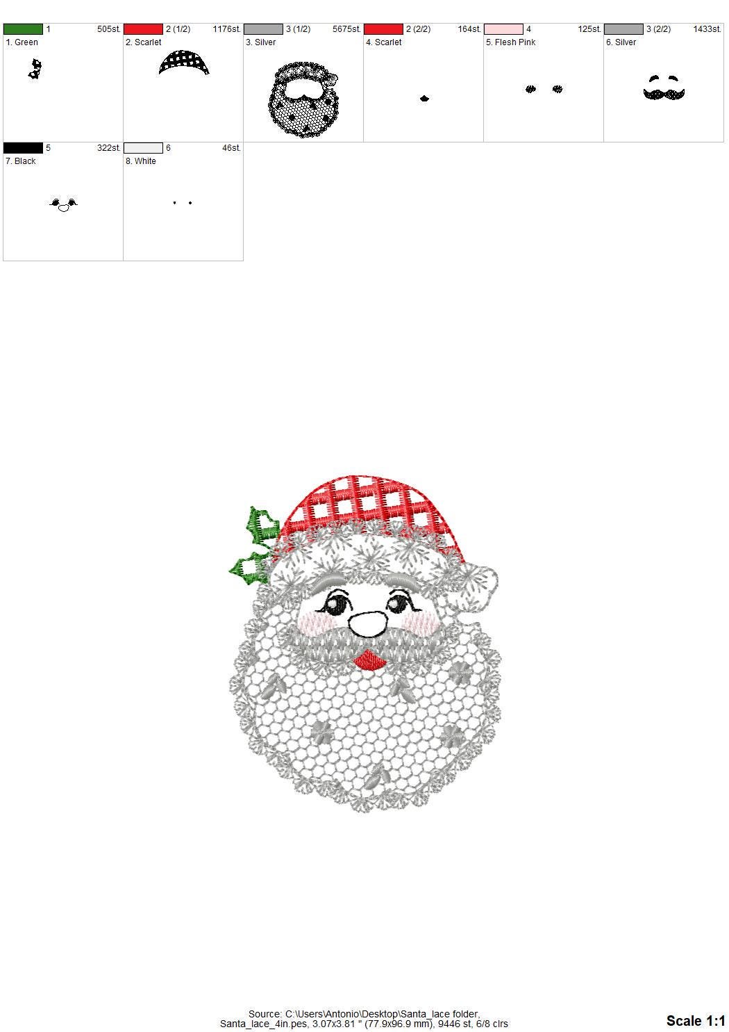 Cute Floral Christmas Santa lace effect and plaid hat machine embroidery designs assorted sizes 4 up to 8 inch kids girls delicate design