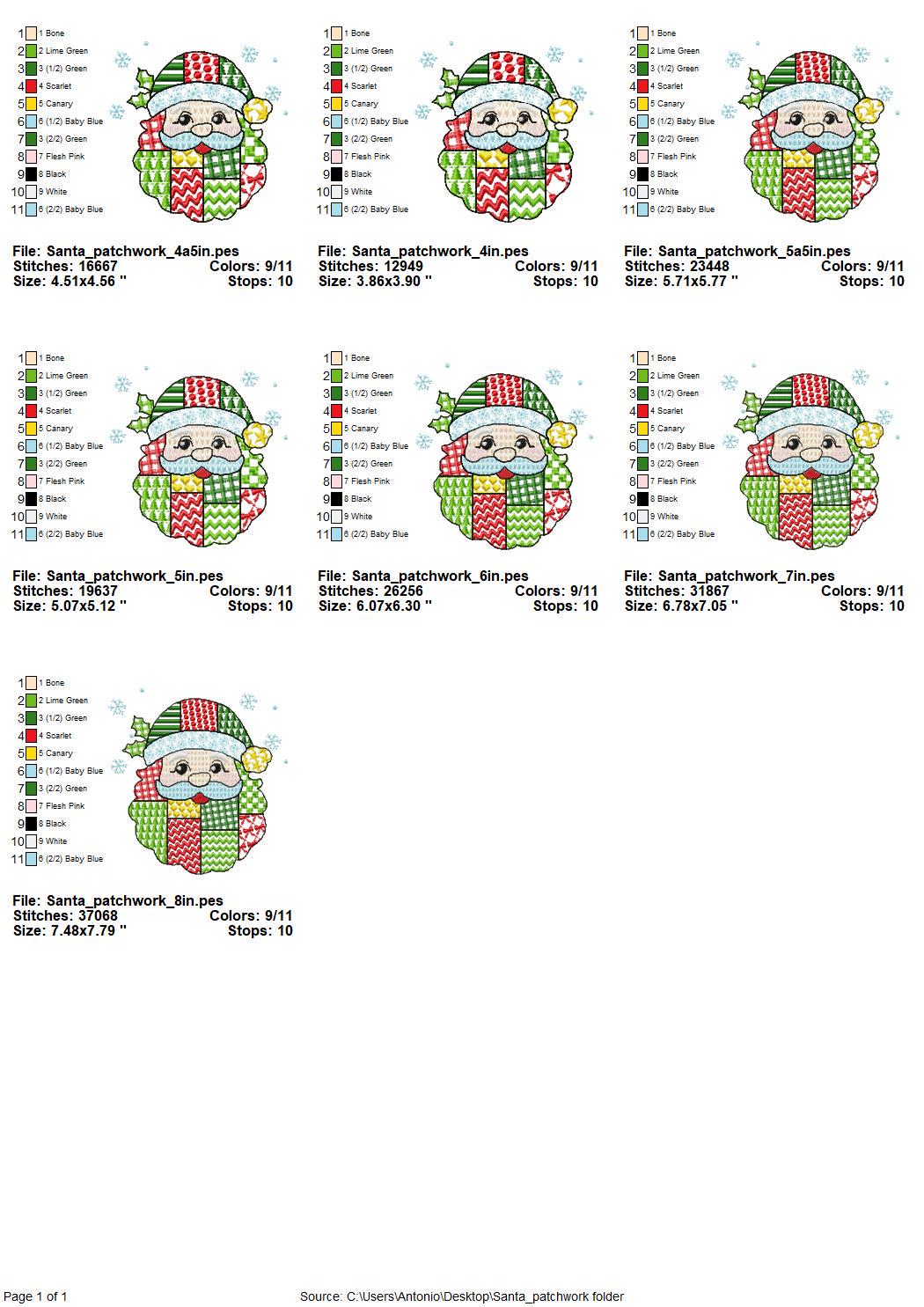 Awesome Patchwork Santa Christmas patterned Santa outline machine embroidery designs many sizes 4 up to 8 inch Snowflake folk farm design