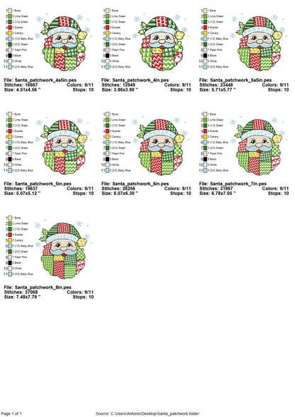 Awesome Patchwork Santa Christmas patterned Santa outline machine embroidery designs many sizes 4 up to 8 inch Snowflake folk farm design