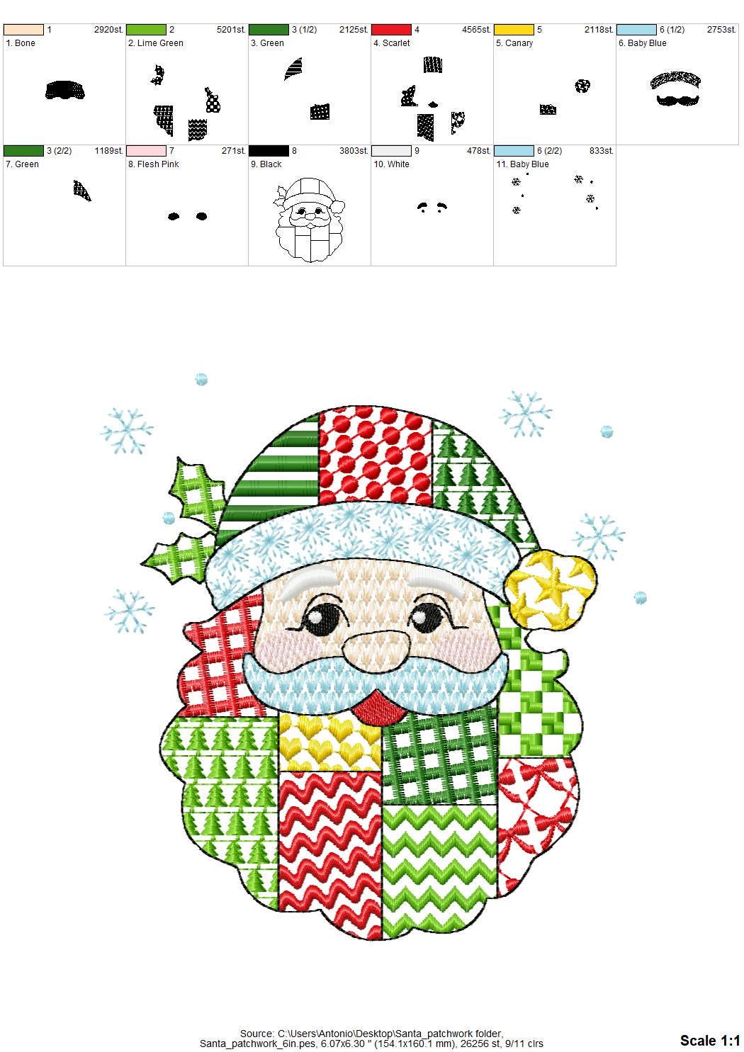 Awesome Patchwork Santa Christmas patterned Santa outline machine embroidery designs many sizes 4 up to 8 inch Snowflake folk farm design