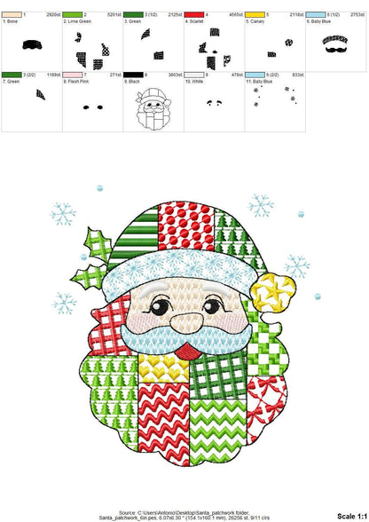 Awesome Patchwork Santa Christmas patterned Santa outline machine embroidery designs many sizes 4 up to 8 inch Snowflake folk farm design