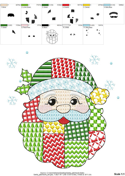 Awesome Patchwork Santa Christmas patterned Santa outline machine embroidery designs many sizes 4 up to 8 inch Snowflake folk farm design