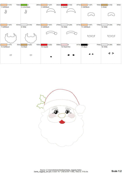 Christmas Santa raggedy edge Applique Santa Claus face machine embroidery designs sizes 3.5 up to 8 inches home farm Holiday decor design