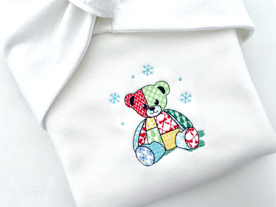 Patchwork Teddy Bear Nathan Christmas theme cute Teddy patterned silhouette outline kids baby machine embroidery designs sizes 4 up to 8 in