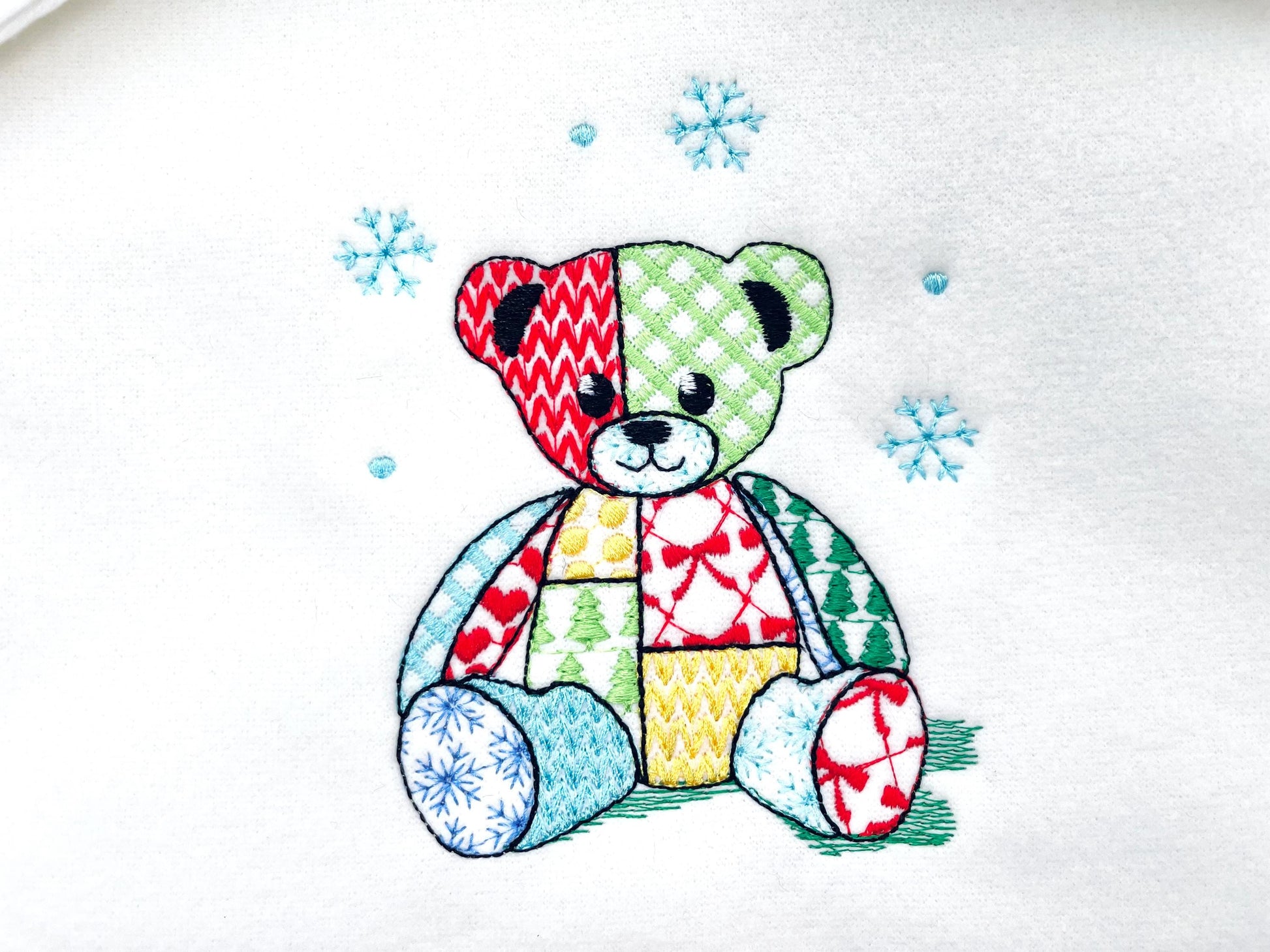 Patchwork Teddy Bear Nathan Christmas theme cute Teddy patterned silhouette outline kids baby machine embroidery designs sizes 4 up to 8 in