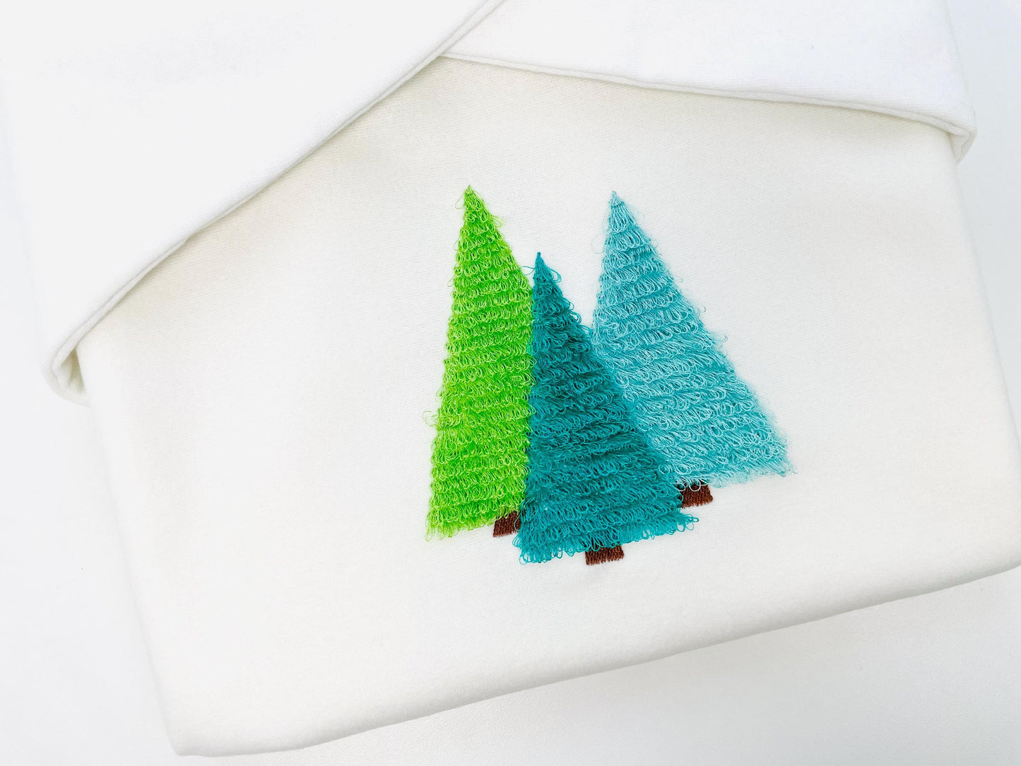 Fringed Fluffy Pine Tree Woodland Christmas Tree Three in a Row Forest Fringe Fur Chenille Machine Embroidery Design