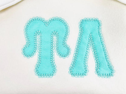 Big Greek FONT Applique lace edge and chain stitch top Monogram sororities fraternities machine embroidery designs sizes 3.2 up to 6.5 inch