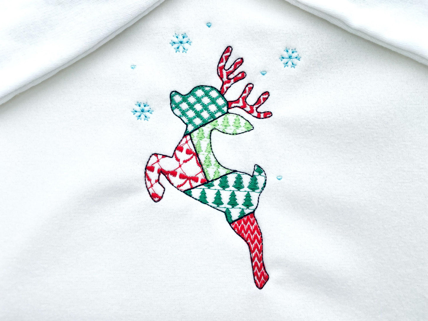 Patchwork Deer Tinsel Christmas theme cute Reindeer patterned silhouette outline kids baby machine embroidery designs sizes 4 up to 8 inches