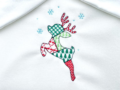 Patchwork Deer Tinsel Christmas theme cute Reindeer patterned silhouette outline kids baby machine embroidery designs sizes 4 up to 8 inches