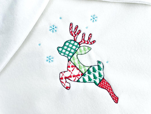 Patchwork Deer Tinsel Christmas theme cute Reindeer patterned silhouette outline kids baby machine embroidery designs sizes 4 up to 8 inches