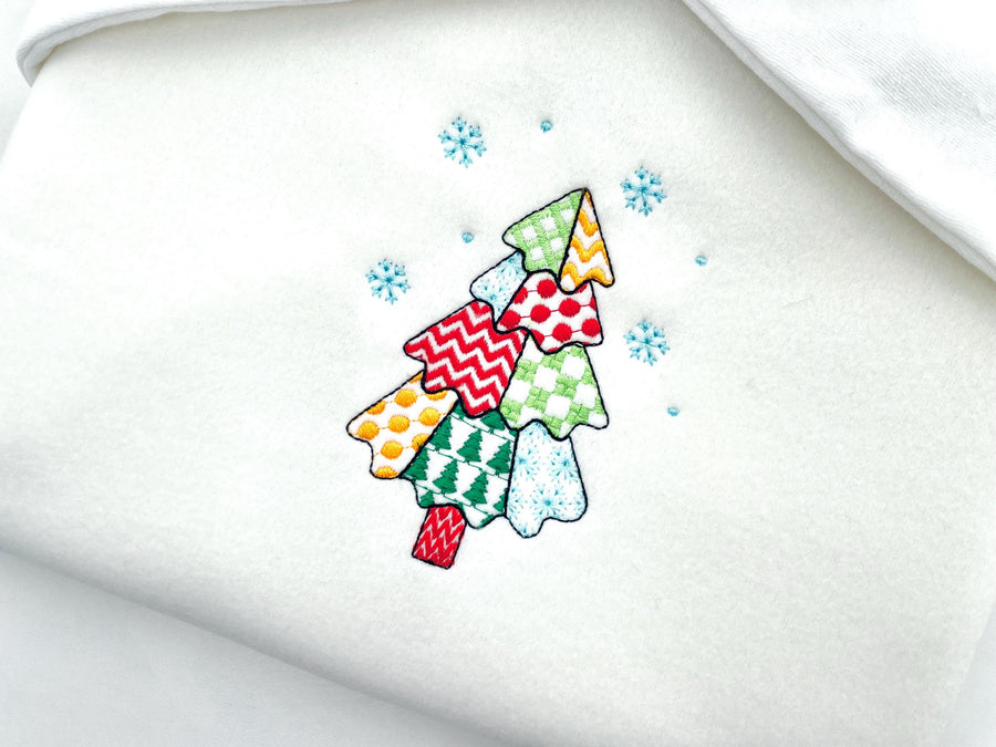 Patchwork Christmas Tree falling Snowflake folk patterned silhouette outline machine embroidery designs many sizes 4 up to 8 inches