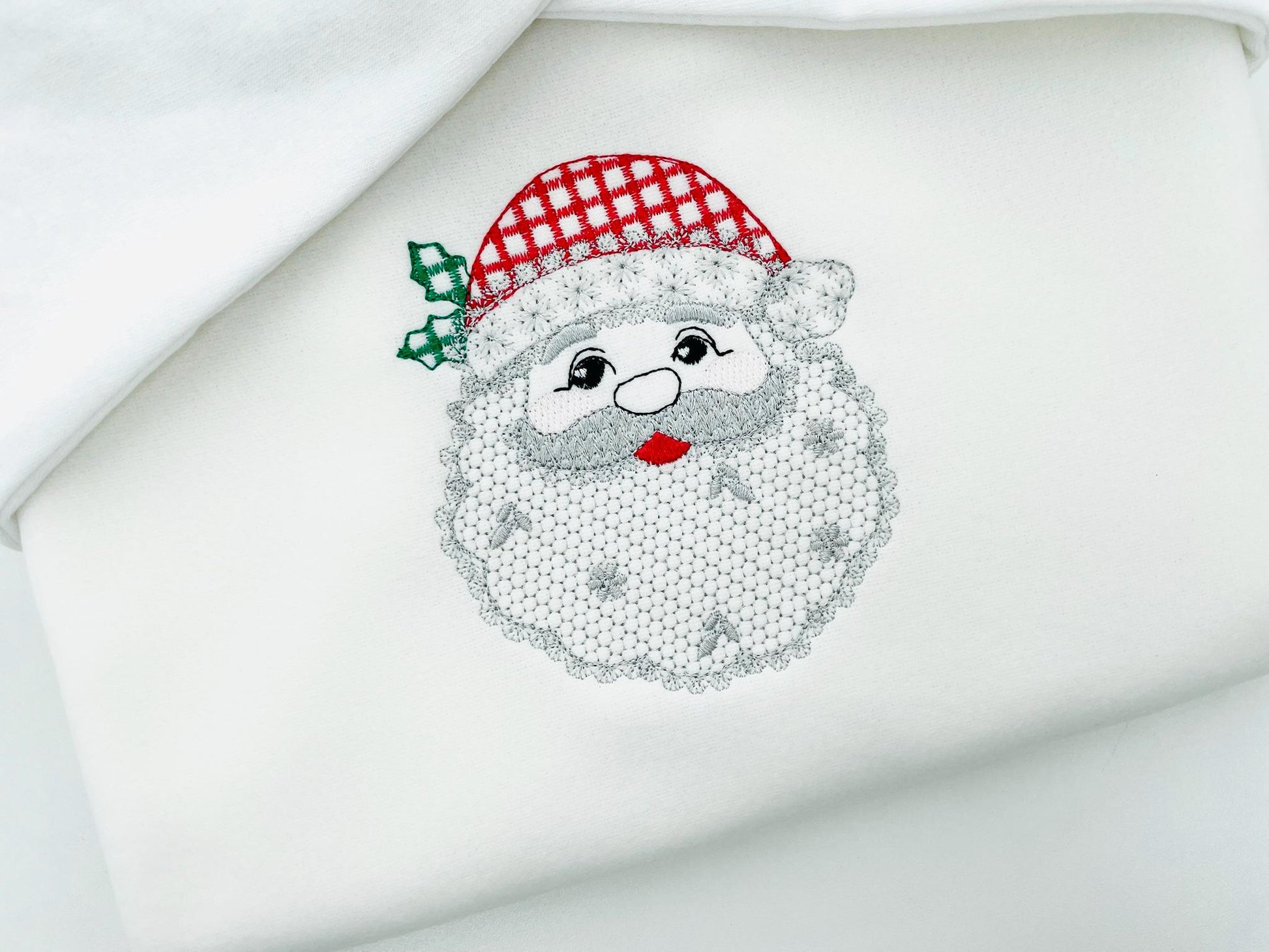 Cute Floral Christmas Santa lace effect and plaid hat machine embroidery designs assorted sizes 4 up to 8 inch kids girls delicate design