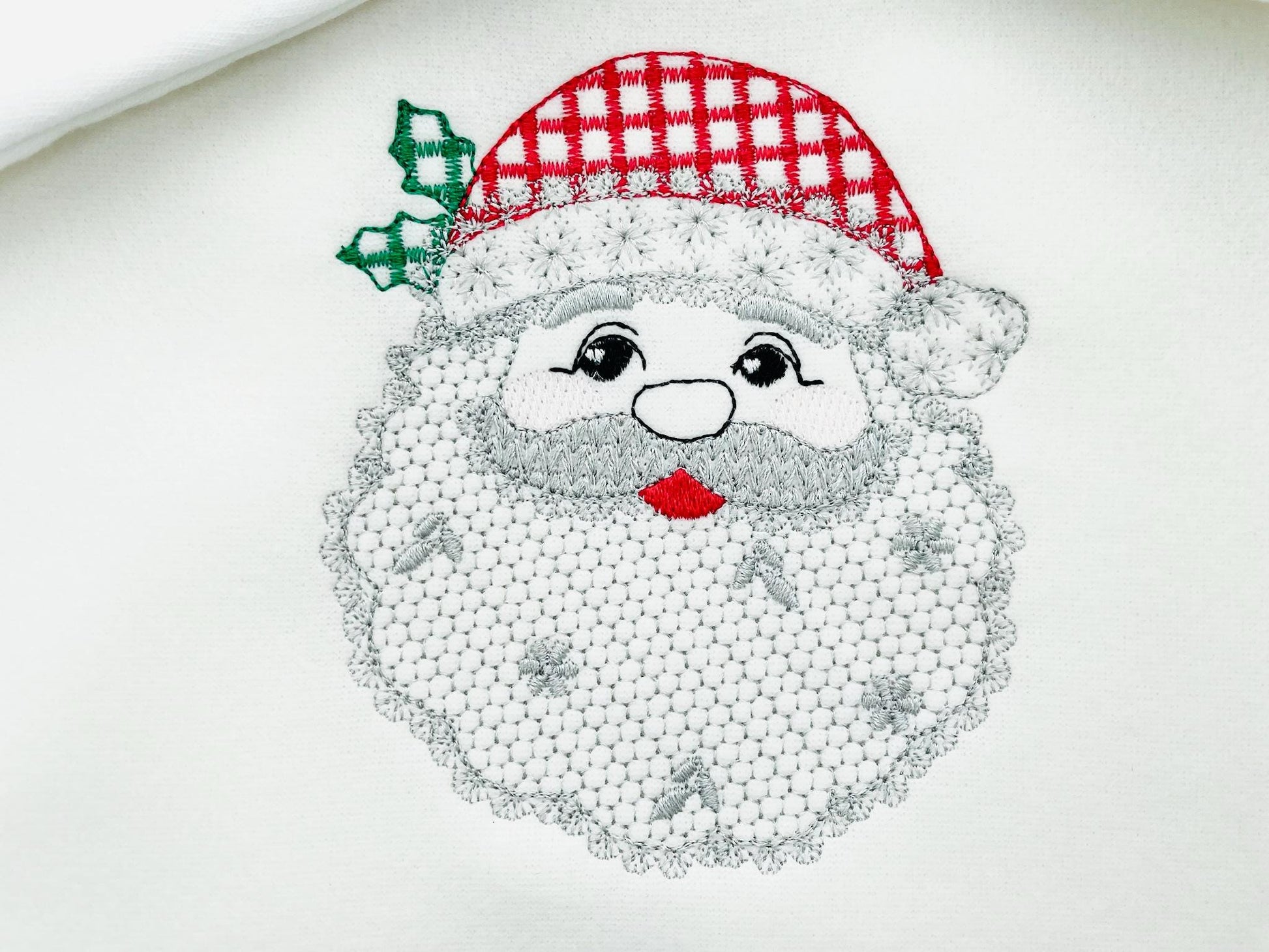 Cute Floral Christmas Santa lace effect and plaid hat machine embroidery designs assorted sizes 4 up to 8 inch kids girls delicate design