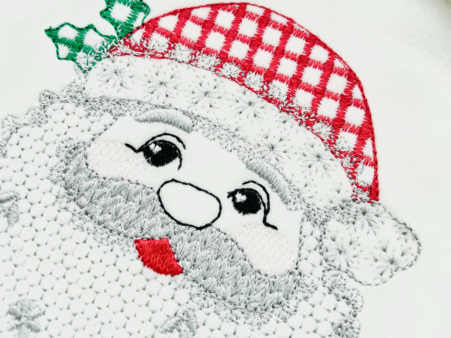Cute Floral Christmas Santa lace effect and plaid hat machine embroidery designs assorted sizes 4 up to 8 inch kids girls delicate design