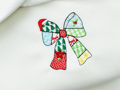 Patchwork Christmas Bow patterned silhouette outline Ribbon Santa hat kids baby girls machine embroidery designs many sizes 4 up to 8 inches