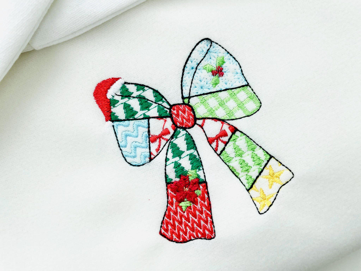 Patchwork Christmas Bow patterned silhouette outline Ribbon Santa hat kids baby girls machine embroidery designs many sizes 4 up to 8 inches
