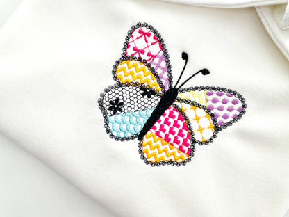 Awesome Patchwork Butterfly Emily with lace edge Wings girly girls outfit sweet home patterned machine embroidery designs sizes 3 up to 7 in