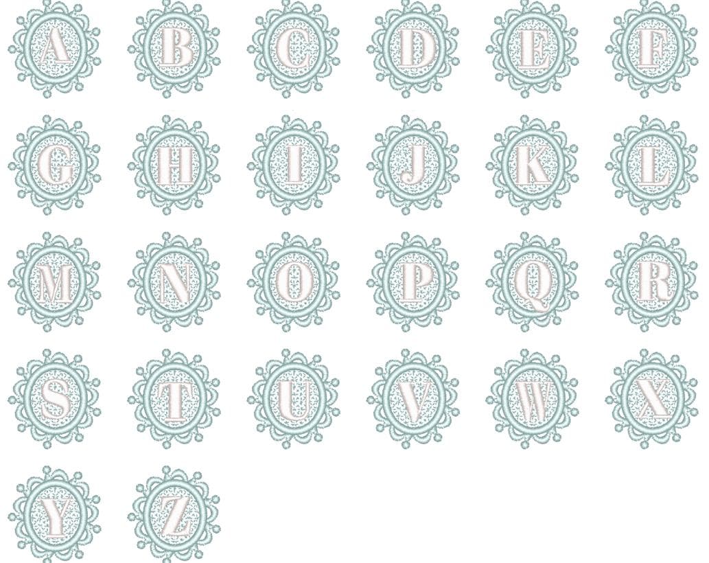 MIni 1.5 inch Embossed terry towel lace monogram SET letters A-Z oval lacy circle machine embroidery designs wedding girl birthday gift idea