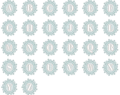 MIni 1.5 inch Embossed terry towel lace monogram SET letters A-Z oval lacy circle machine embroidery designs wedding girl birthday gift idea