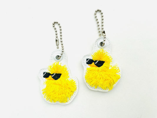 Cute Fluffy Rubber Duck Sunglasses fringed Eyelet and Key Fob Snap Tab in the hoop machine embroidery designs ITH kids keychain for hoop 4x4