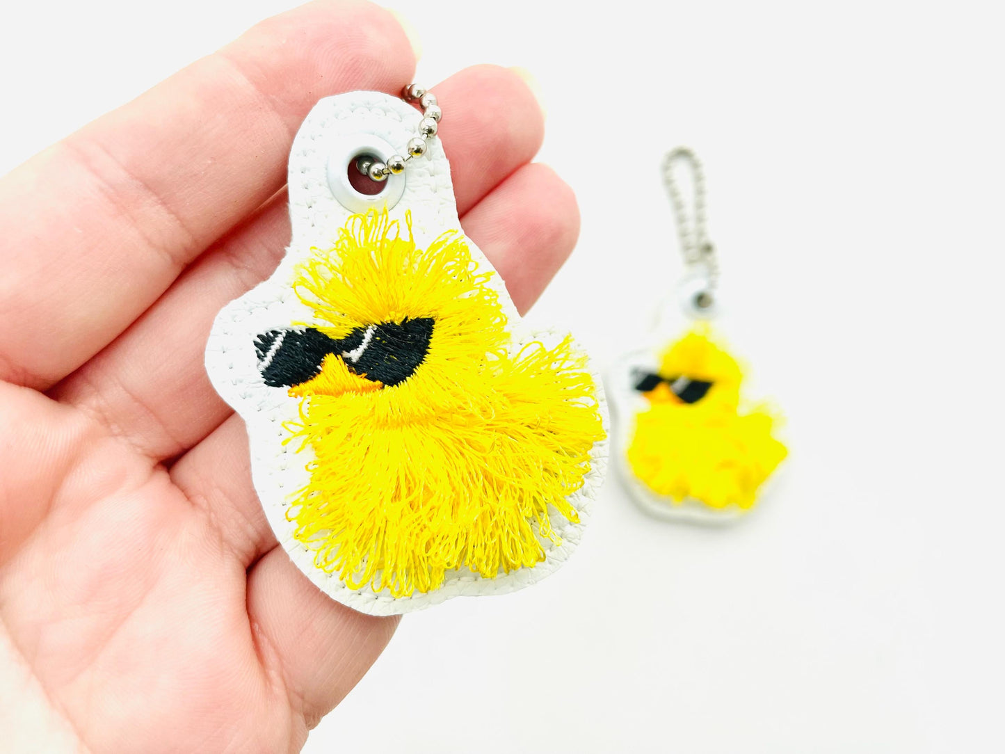 Cute Fluffy Rubber Duck Sunglasses fringed Eyelet and Key Fob Snap Tab in the hoop machine embroidery designs ITH kids keychain for hoop 4x4