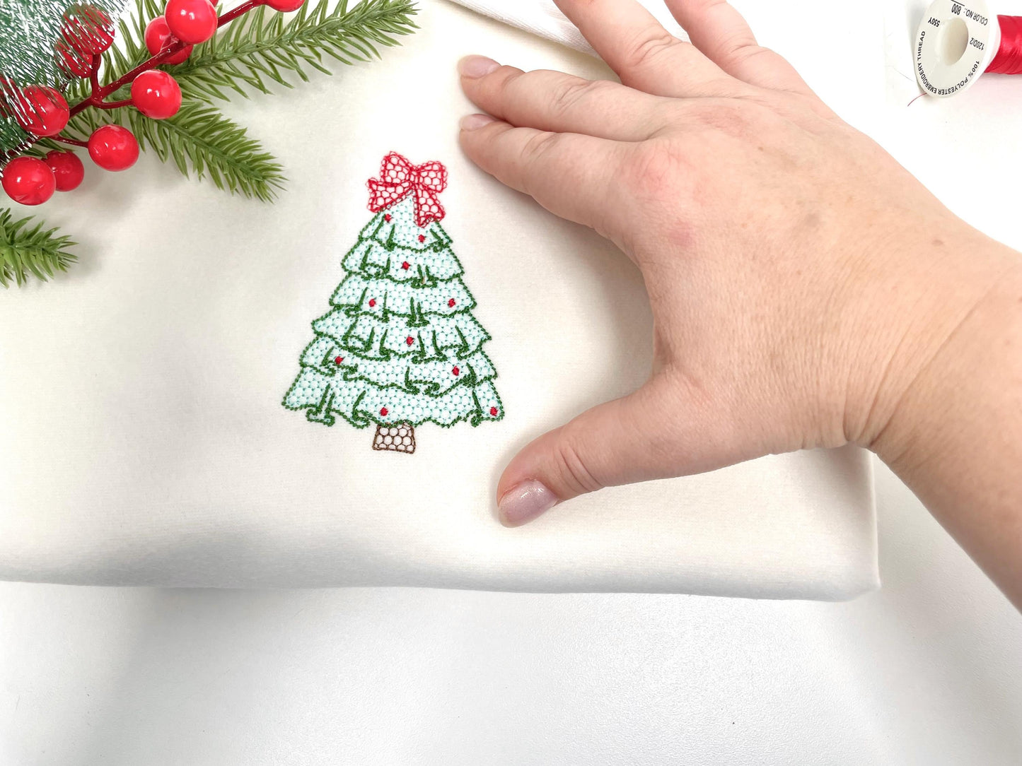 MINI Festive Christmas Tree with Bow awesome Lace Effect and Ruffle machine embroidery designs for hoop 4a4 and 5x7 sweet home decoration