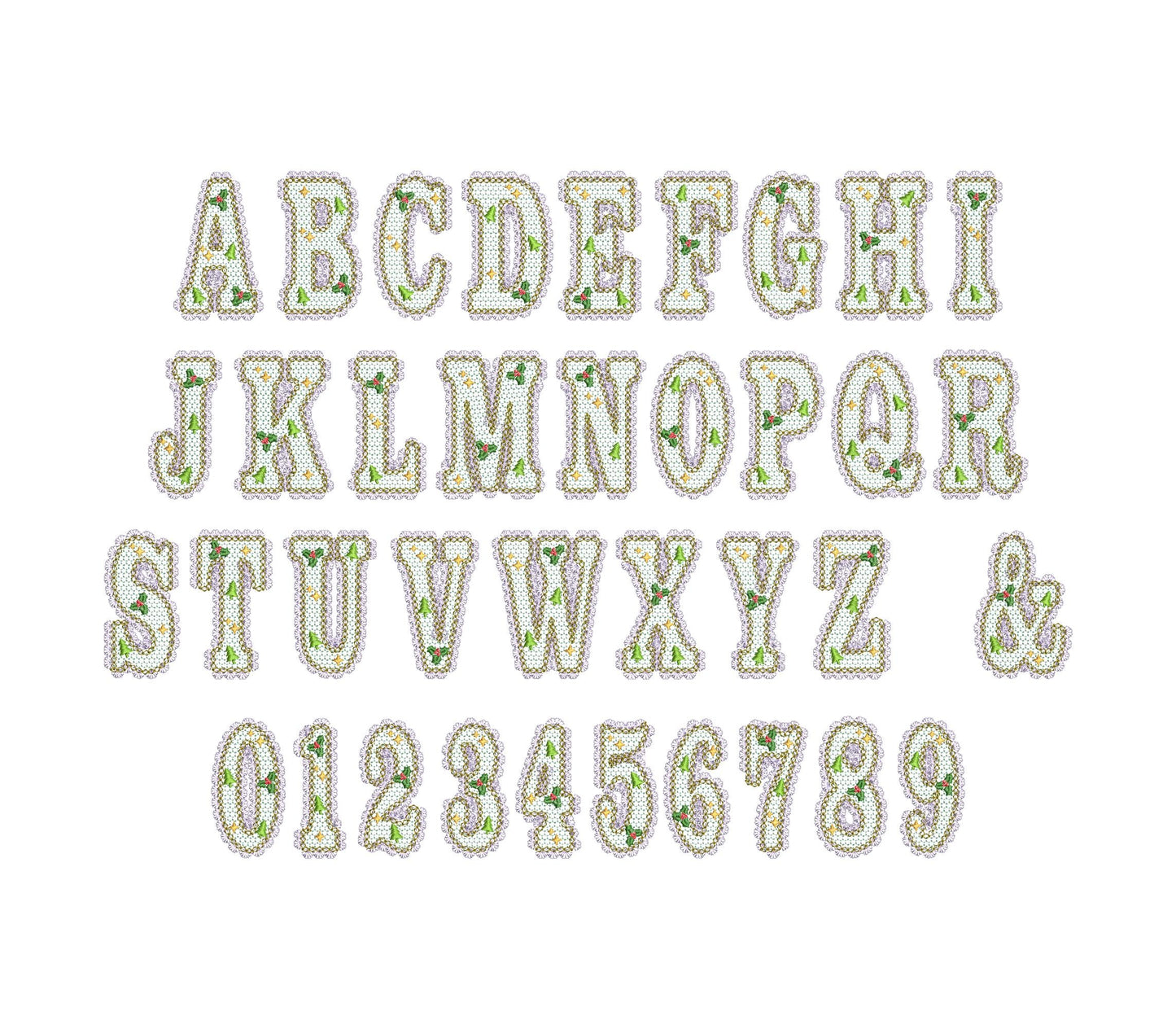 Lace Edge Christmas Floral FONT lace patterned Alphabet Monogram Holiday Festive machine embroidery designs sizes 2.9 up to 3.7 inch, BX
