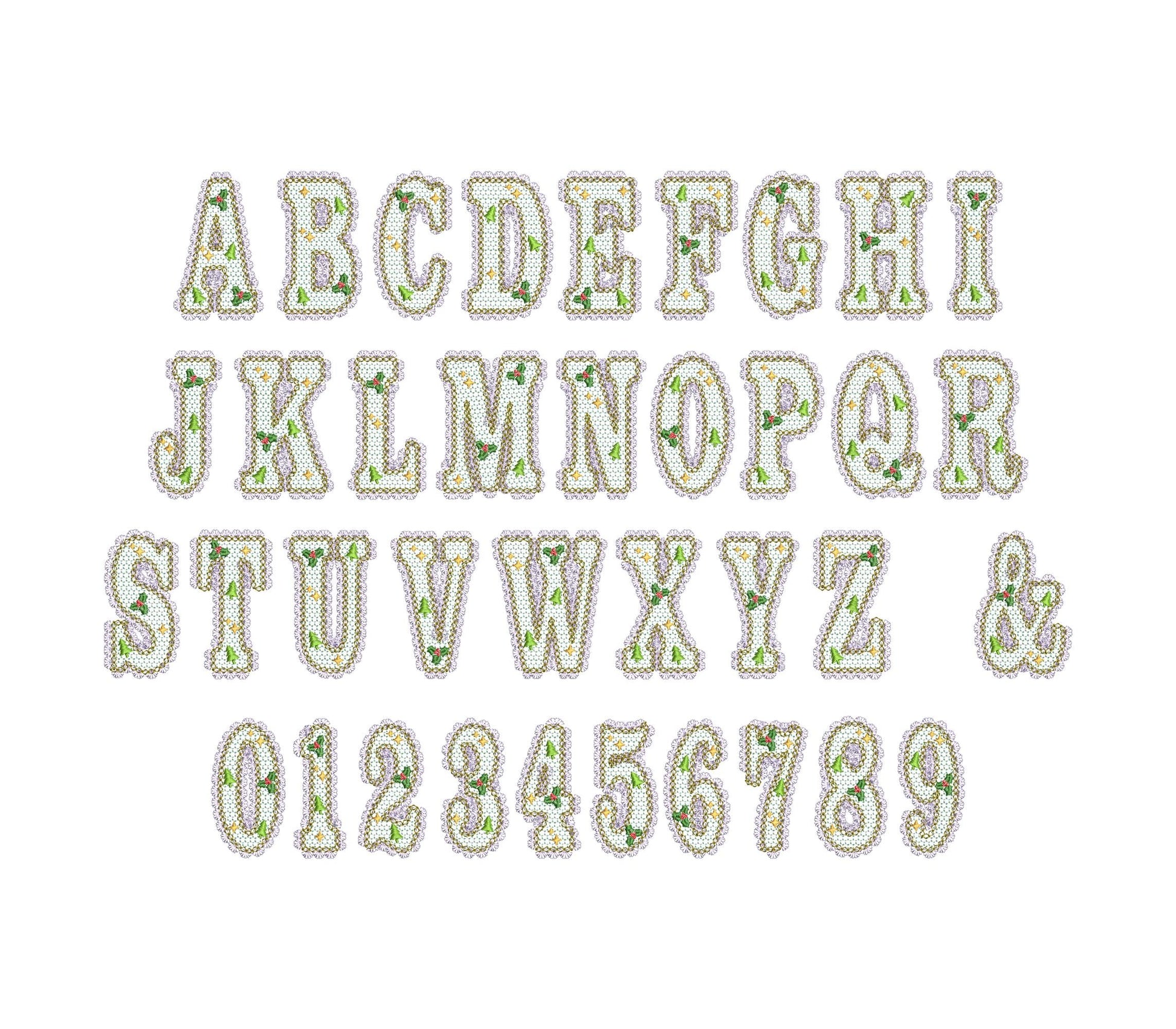Lace Edge Christmas Floral FONT lace patterned Alphabet Monogram Holiday Festive machine embroidery designs sizes 2.9 up to 3.7 inch, BX