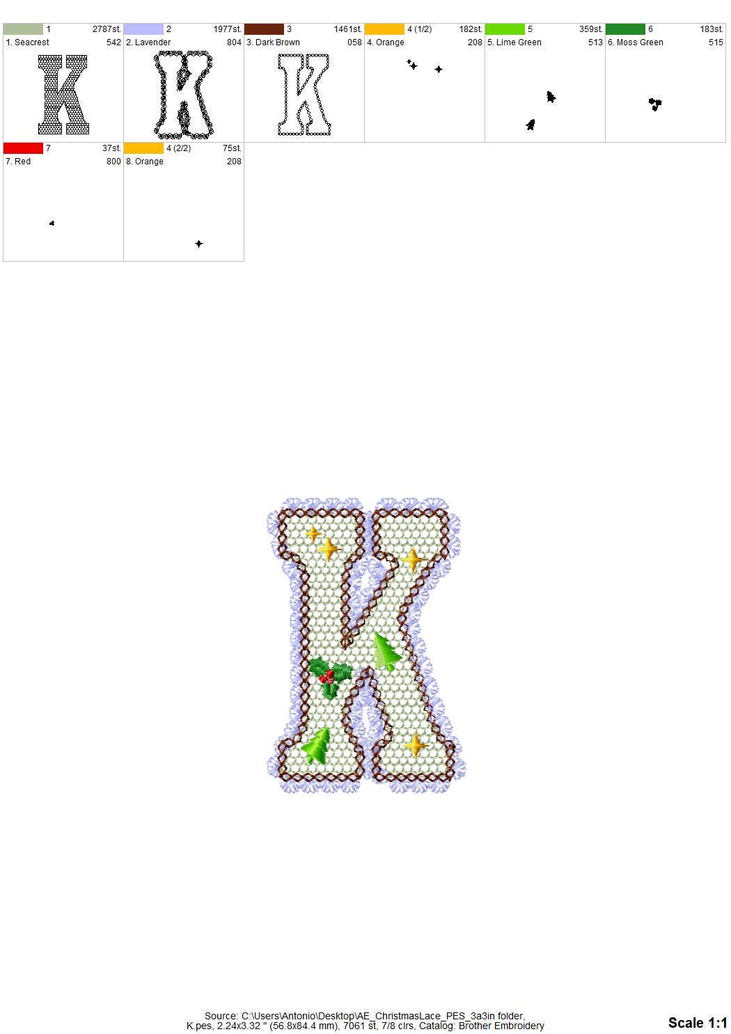 Lace Edge Christmas Floral FONT lace patterned Alphabet Monogram Holiday Festive machine embroidery designs sizes 2.9 up to 3.7 inch, BX