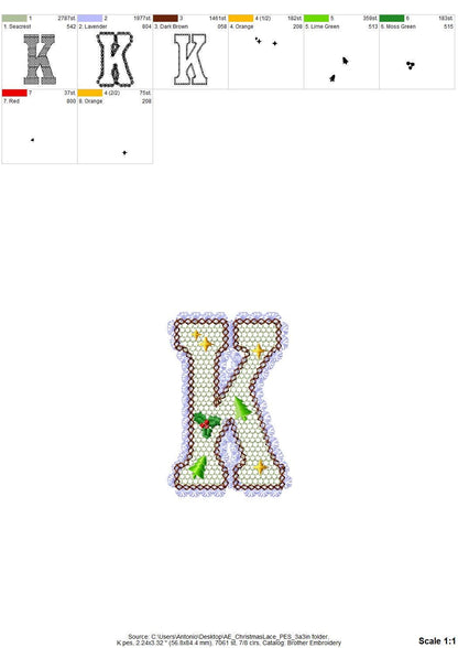 Lace Edge Christmas Floral FONT lace patterned Alphabet Monogram Holiday Festive machine embroidery designs sizes 2.9 up to 3.7 inch, BX