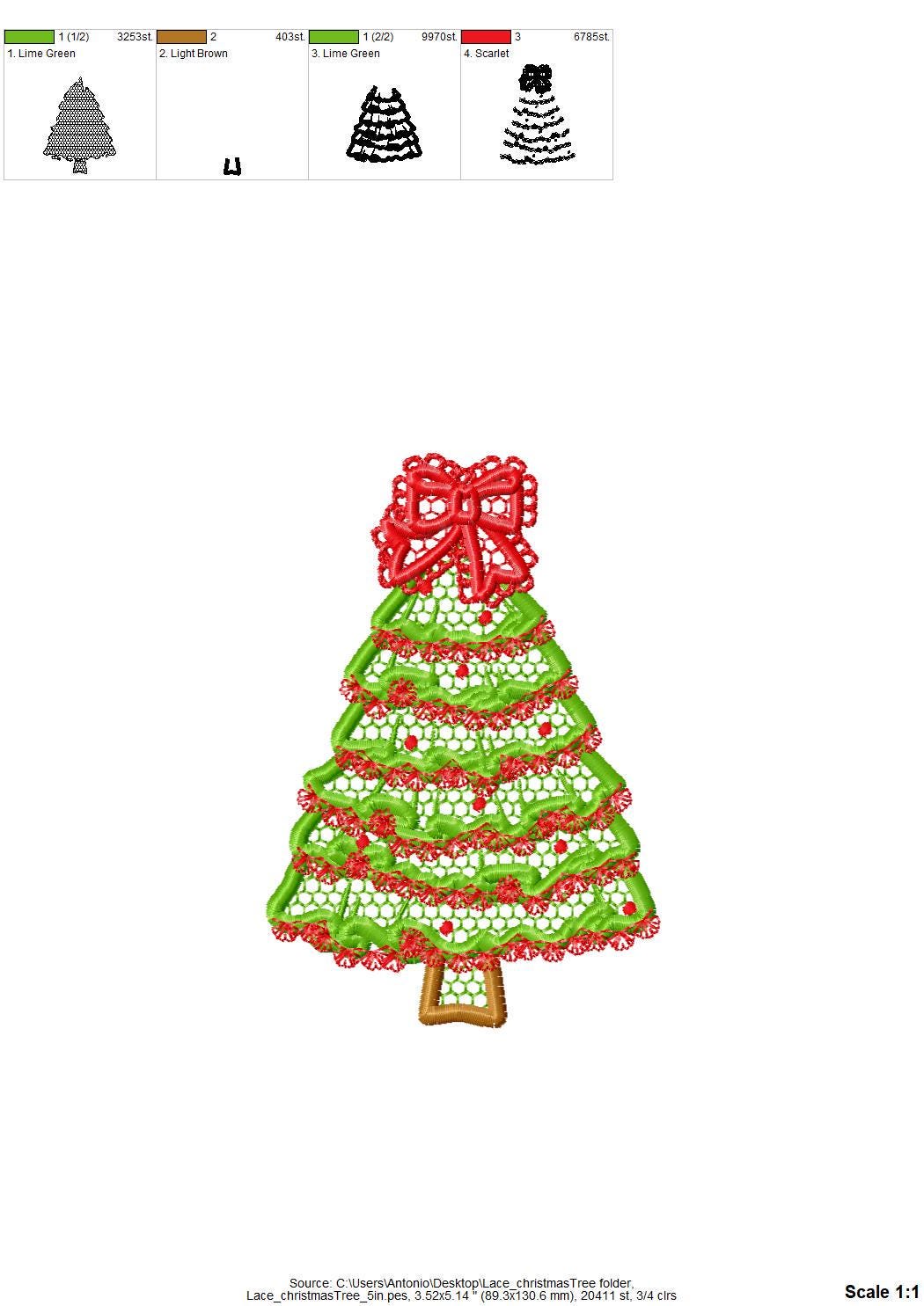 Festive Christmas Tree with Bow awesome Lace Effect and Ruffle machine embroidery designs for hoop 5x7 6x10 8x8 sweet home decoration