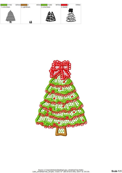 Festive Christmas Tree with Bow awesome Lace Effect and Ruffle machine embroidery designs for hoop 5x7 6x10 8x8 sweet home decoration