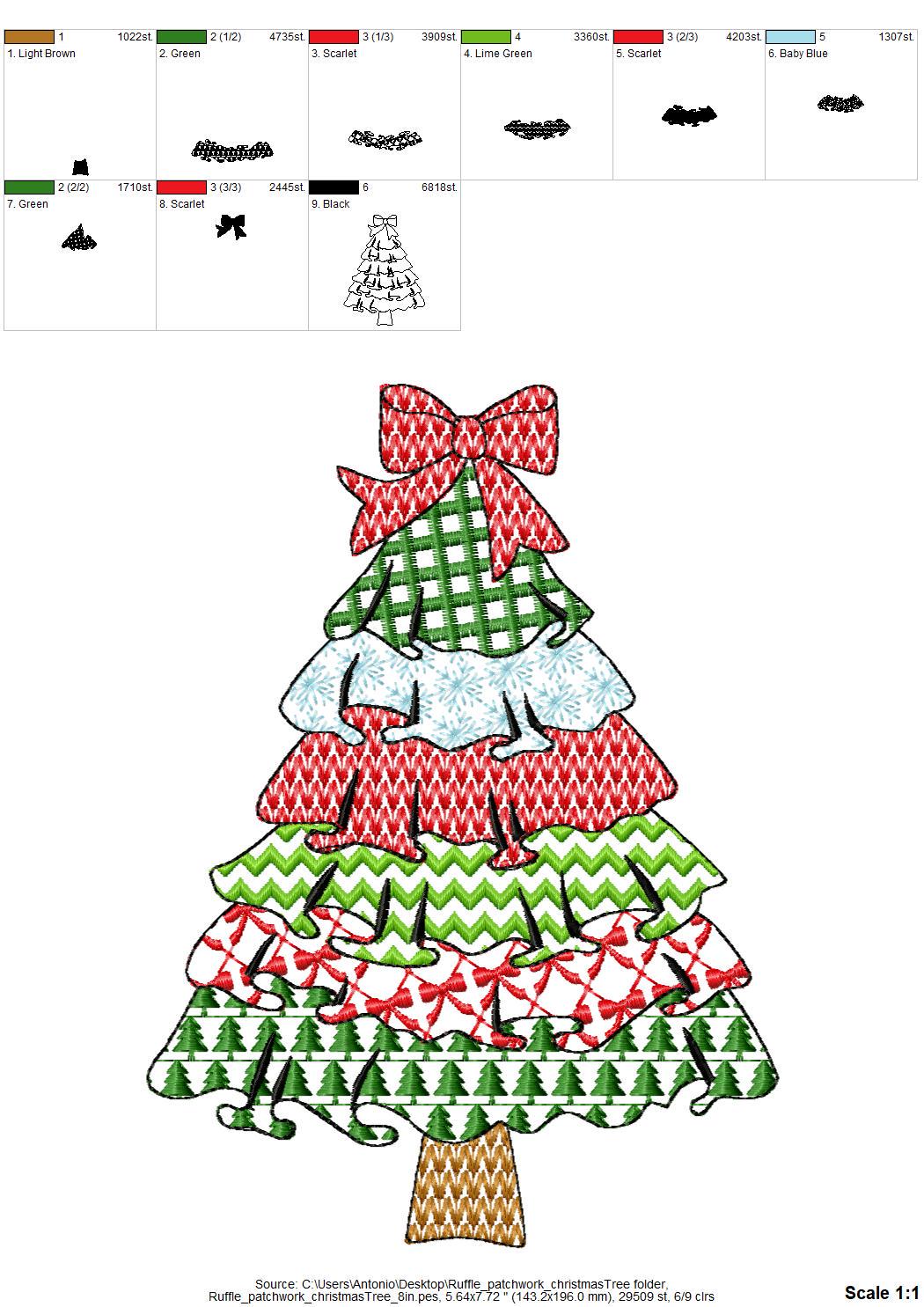 Patchwork Christmas Tree with Bow and Ruffle patterned Pine outline machine embroidery designs many sizes 4 up to 10 inch folk farm design