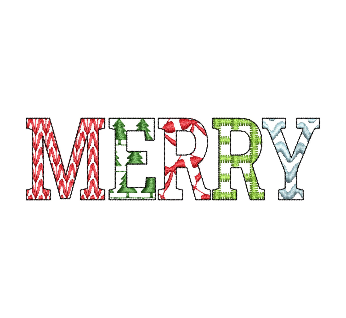 Christmas SET of 5 Patterned Fonts Bow Checks Ricrac Knit Trees Monogram Alphabet machine embroidery designs many sizes combine and merge