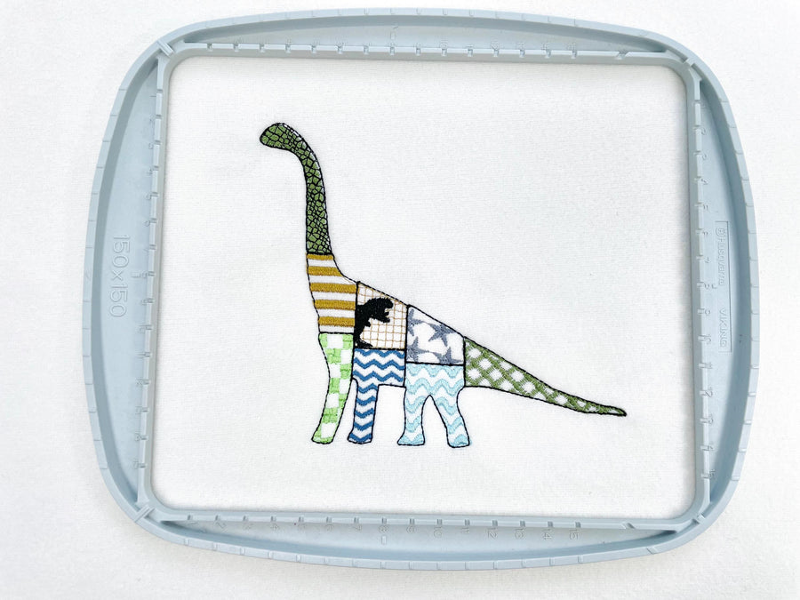 Patchwork Brachiosaurus dinosaur Jurassic animal silhouette patterned outline kids boys machine embroidery designs sizes 5 up to 8 inches
