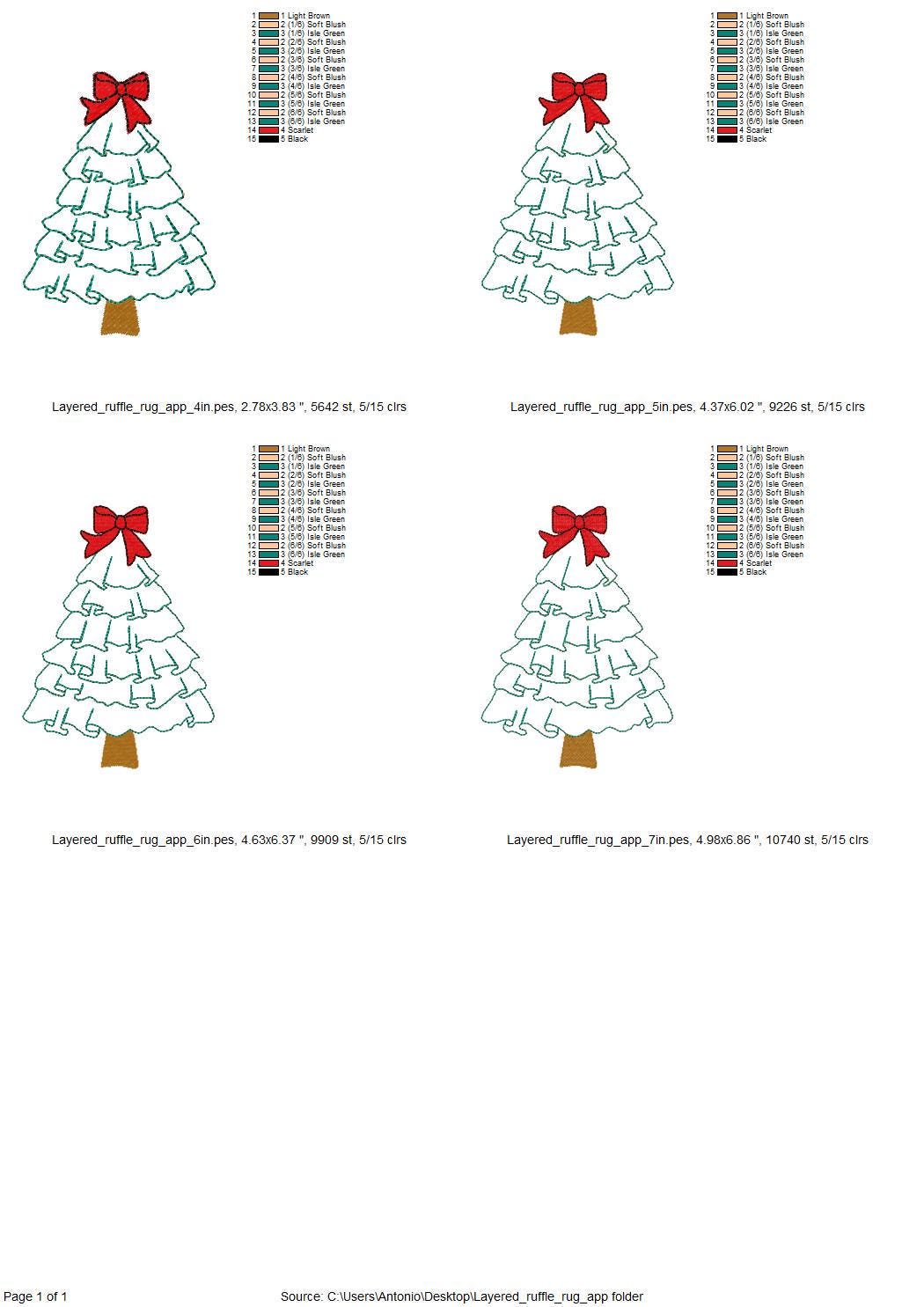 Layered Ruffle Christmas Tree with Bow Applique machine embroidery designs sizes 4 up to 7 inch awesome Pine Tree kids girly design