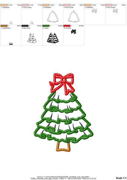 Ruffle Christmas Tree with Bow Applique machine embroidery design