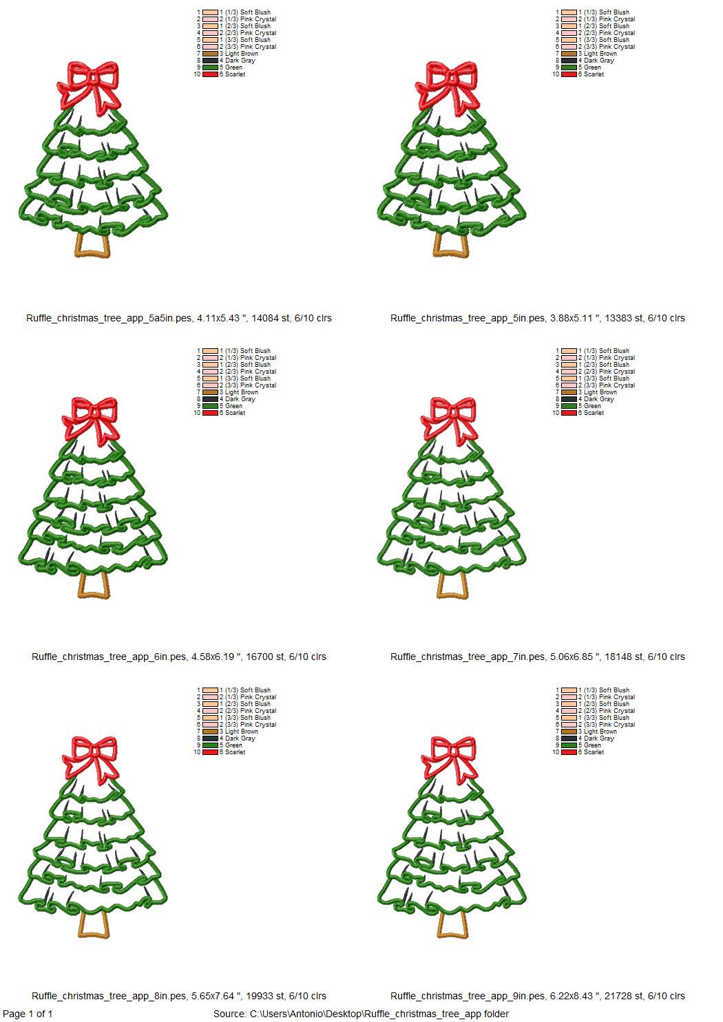 Ruffle Christmas Tree with Bow Applique machine embroidery design
