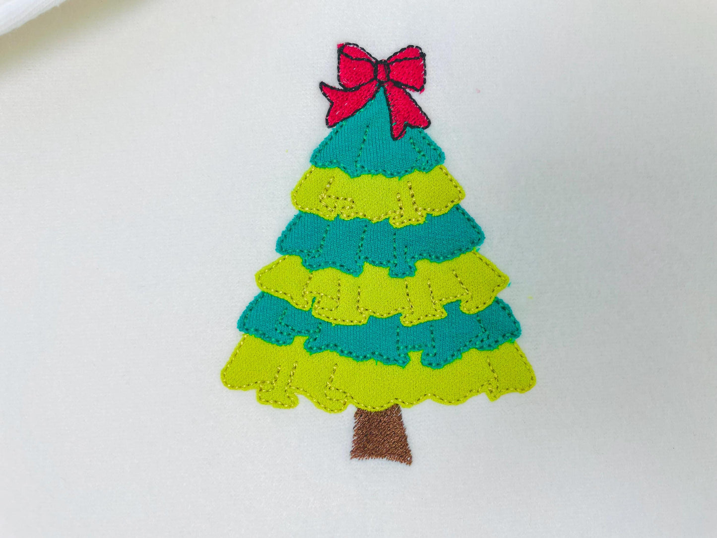 Layered Ruffle Christmas Tree with Bow Applique machine embroidery designs sizes 4 up to 7 inch awesome Pine Tree kids girly design