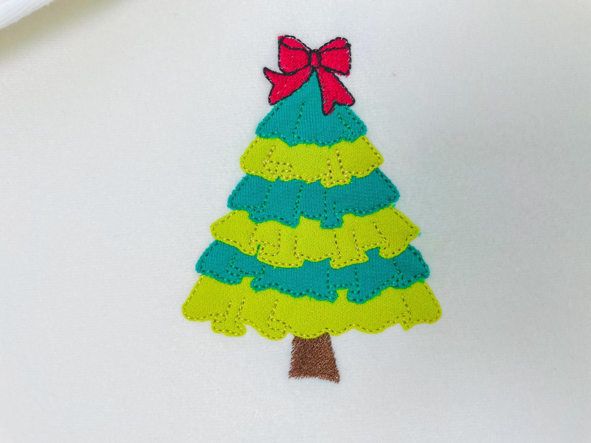 Layered Ruffle Christmas Tree with Bow Applique machine embroidery designs sizes 4 up to 7 inch awesome Pine Tree kids girly design