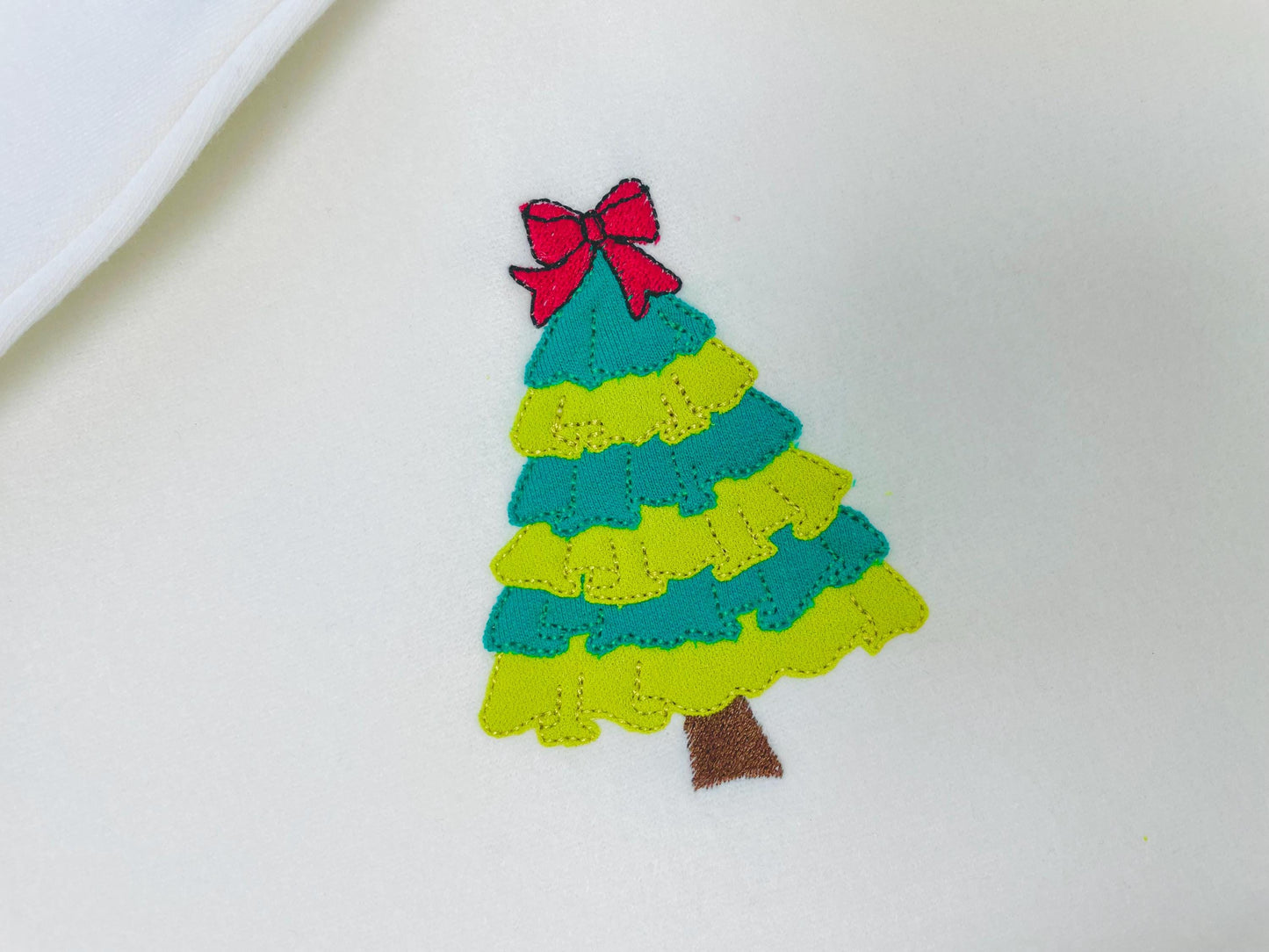 Layered Ruffle Christmas Tree with Bow Applique machine embroidery designs sizes 4 up to 7 inch awesome Pine Tree kids girly design