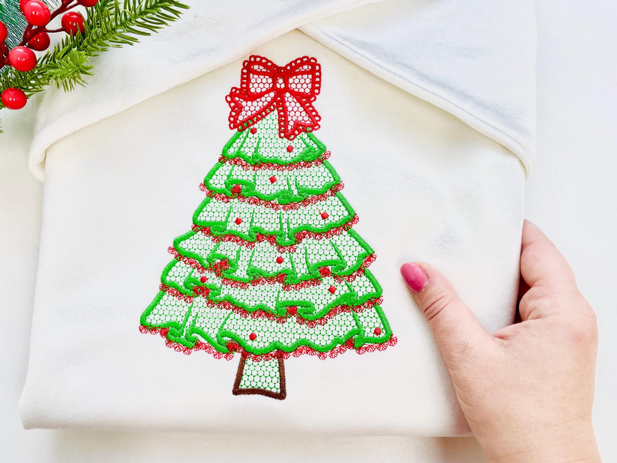Festive Christmas Tree with Bow awesome Lace Effect and Ruffle machine embroidery designs for hoop 5x7 6x10 8x8 sweet home decoration