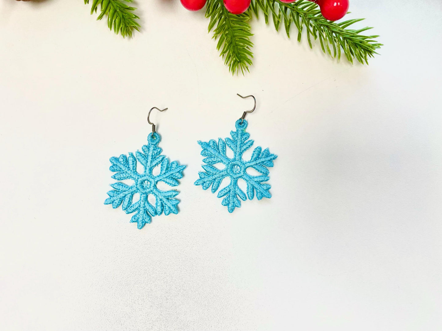 Snowflake charm earrings FSL freestanding lace Christmas machine embroidery designs kids girls Snow earrings size 2 inch simply in the hoop