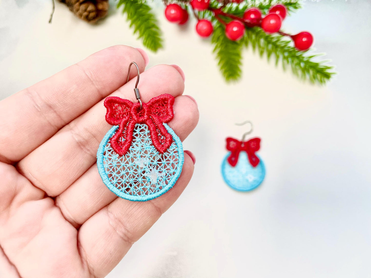 Christmas Ornament with Bow Earrings Charm or gift tag FSL freestanding lace machine embroidery designs girls earrings simply in the hoop